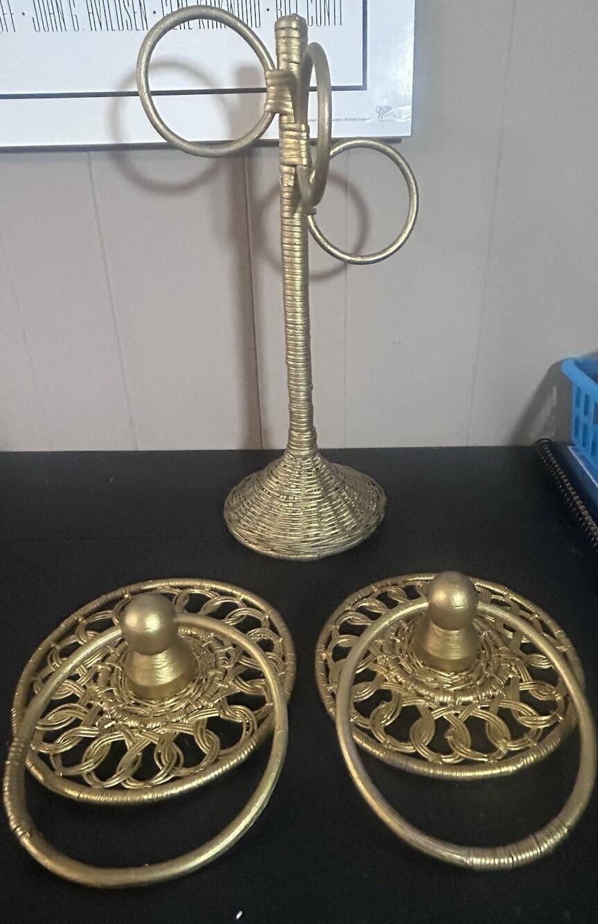 Vintage MCM Gold Tone Faux Wicker Towel Holders Set of 3
